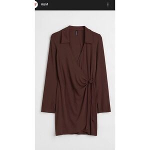 H&M Divided‎ Ribbed Knit Wrap Mini Dress Chocolate Brown Long Sleeve Collared